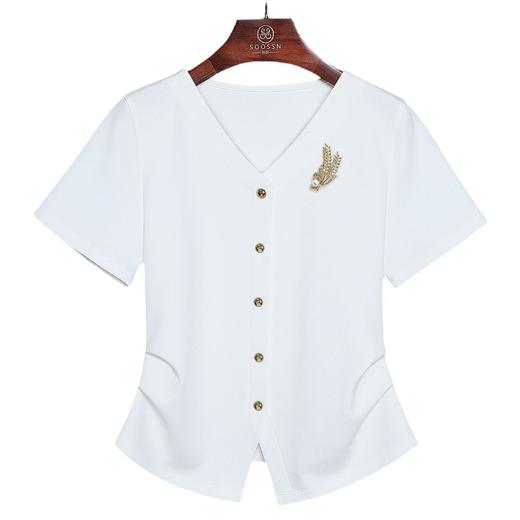 【自】全新升级洛诗琳【铂金会员109/天猫149/差价40】(14757)褶皱设计感开叉T恤2025夏季新款正肩显瘦V领上衣女 商品图4