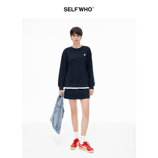 SELFWHO精梳棉宝蓝色假两件长袖t恤夏新款宽松显瘦落肩上衣 商品图3