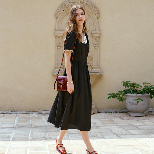 OLrain欧芮儿U领花边法式黑色可调节腰带夏季2025新款宽松连衣裙 商品图2