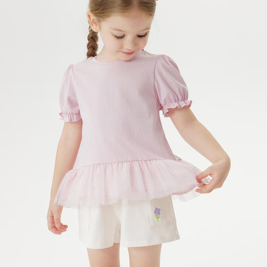 马克珍妮女童网纱花边短袖T恤 宝宝泡泡袖上衣2025夏装新款550785 商品图3