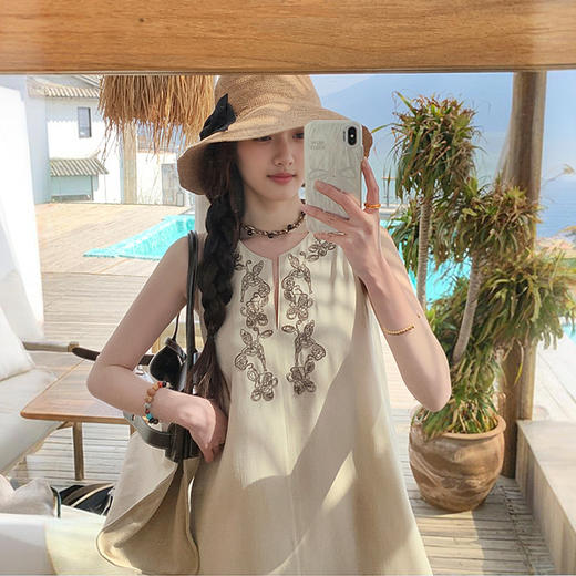 西遇民族风无袖连衣裙女夏季新款杏色云南旅游度假风裙子SS150330 商品图2