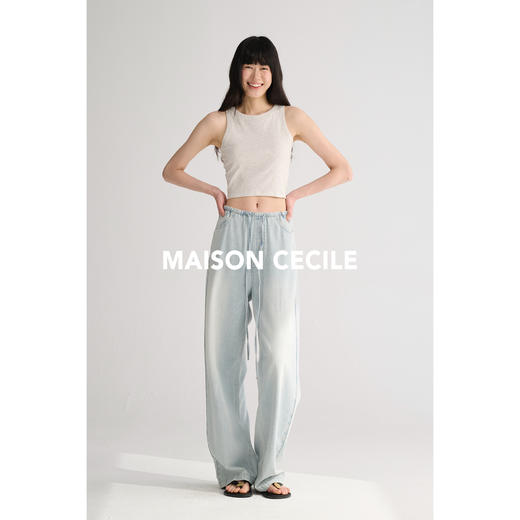 MAISON CECILE 宽松休闲做旧褪色感随性慵懒松紧腰直筒牛仔裤 商品图1