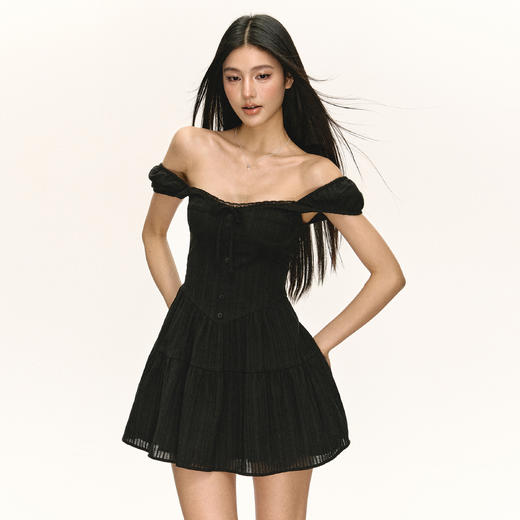 Ariseism 设计感法式方领短袖连衣裙女夏季新款收腰小黑裙蛋糕裙子 商品图2