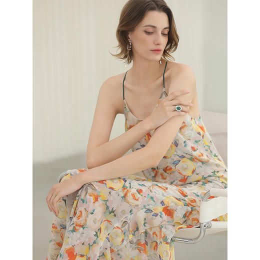 COCOBELLA灵动荷叶边亮彩花卉连衣裙夏飘逸鱼尾吊带裙FR3092 商品图3