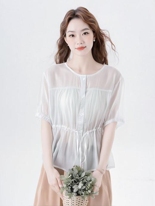 【节日特卖】2333 珠光感天丝薄款收腰宽松短袖小衫(需搭配吊带穿着)-喜出 商品图1