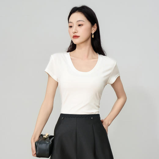 OLrain欧芮儿白色U领正肩百搭显瘦短袖T恤夏季2025新款小个子上衣 商品图3