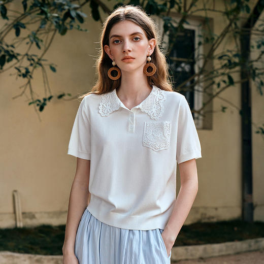 OLrain欧芮儿白色POLO领法式通勤毛针织套头衫女夏季2025新款上衣 商品图2