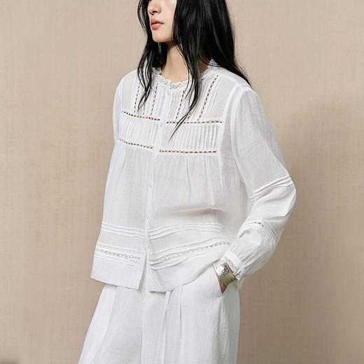 【林栖设计小店】（现货）苎麻衬衣压褶镂空肌理花边优雅2025夏季新品长袖上衣女F1952505 商品图2