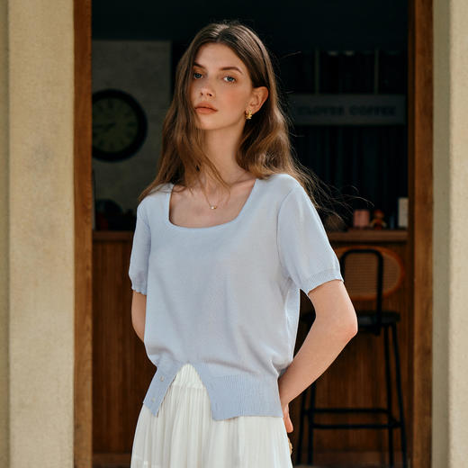 OLrain欧芮儿蓝色方领套头短袖针织衫女夏2025新款不规则下摆上衣 商品图0