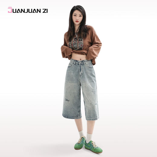 JUANJUANZI卷卷紫街头美式破洞牛仔七分裤女夏水洗做旧牛仔 显瘦显高 宽松风格修饰腿型 慵懒随性松弛 商品图1