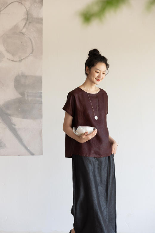 牧衣游原创 醇正薯莨红桑蚕丝套头衫轻薄圆领文艺复古上衣 泽芝 商品图5