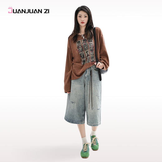 JUANJUANZI卷卷紫街头美式破洞牛仔七分裤女夏水洗做旧牛仔 显瘦显高 宽松风格修饰腿型 慵懒随性松弛 商品图2