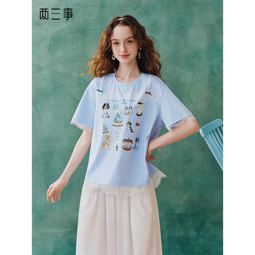 两三事拾梦匣子2025夏新款立体蝴蝶结猫咪印花蕾丝拼接短袖t恤女 商品图0
