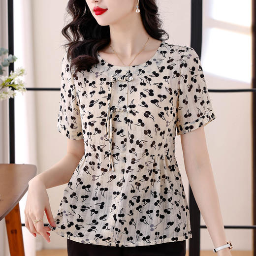 MZ1738洋气妈妈短袖漂亮碎花小衫女2025夏装收腰遮肚雪纺衫中年盘扣上衣 商品图0