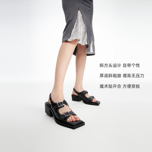 [捡漏价]lost in echo24年春夏新品设计师品牌方头线迹双扣带斜粗跟凉鞋 商品图2