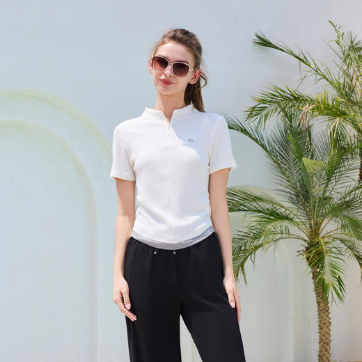 半身缘女装 夏季极简拼接丝滑小立领短袖T恤252113U01113490 商品图3