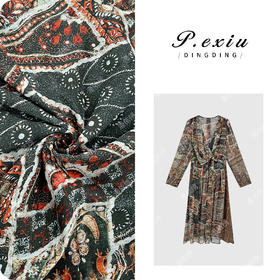 【绚烂夏花】度假风复古印花V领长袖连衣裙 W-62915