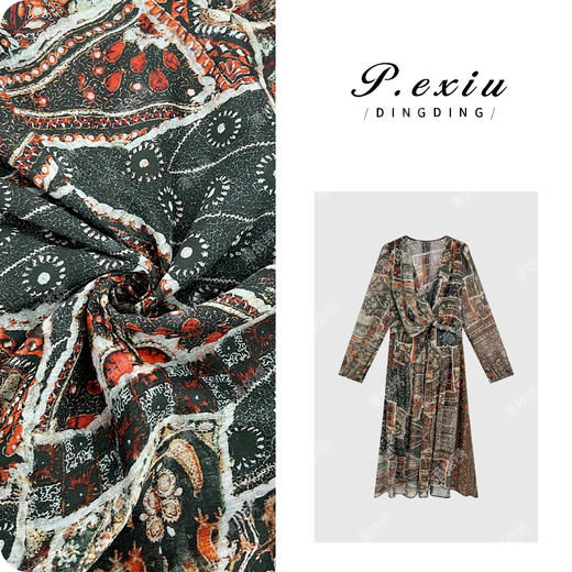 【绚烂夏花】度假风复古印花V领长袖连衣裙 W-62915 商品图0