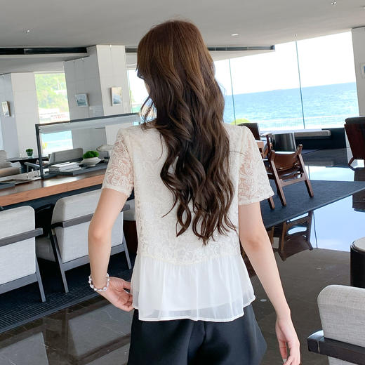【清仓超15天不保价】奢姿大码女装2025夏季气质温柔拼接雪纺蕾丝衬衫胖妹妹V领上衣9952253351 商品图3