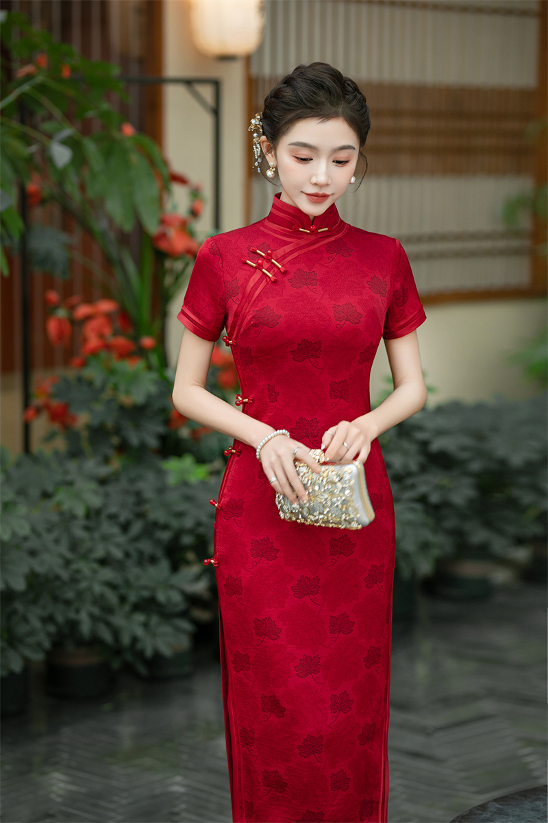 喜妈妈婚宴长款红色旗袍2025夏季新款复古国风宴会旗袍syk66794