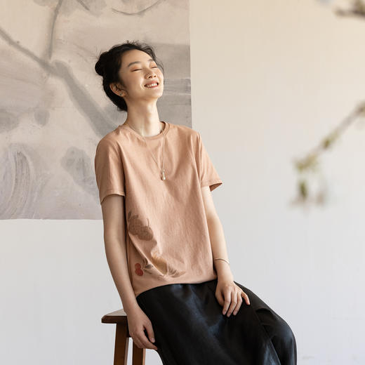 牧衣游原创 印花棉质T恤女夏轻薄舒适柔软质朴宽松百搭短袖 清饮 商品图0