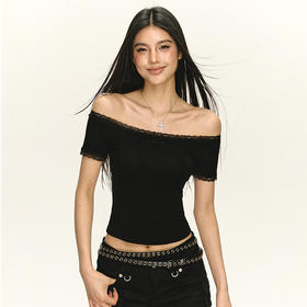 Ariseism 美式复古辣妹性感一字肩短袖T恤女夏季新款修身显瘦上衣