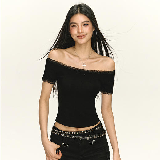 Ariseism 美式复古辣妹性感一字肩短袖T恤女夏季新款修身显瘦上衣 商品图0