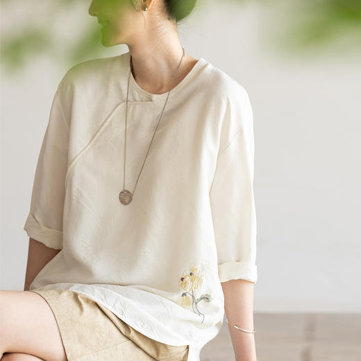 牧衣游原创 提花真丝混纺套头衫清凉透气禅意复古轻薄小衫 见友人 商品图0
