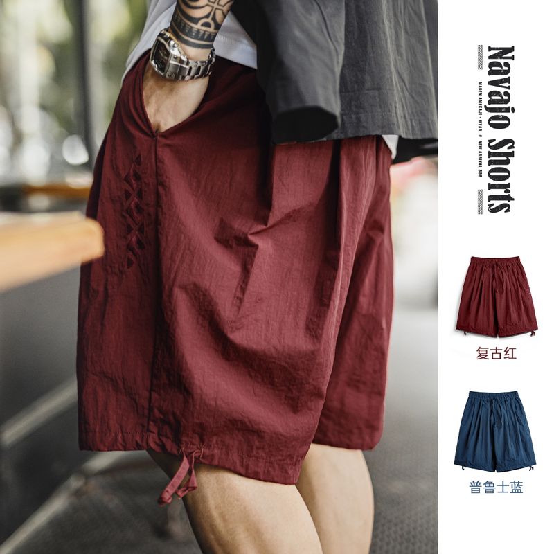 工装优选美式纳瓦霍刺绣短裤宽松红色肌理感沙滩薄款五分裤男夏季
