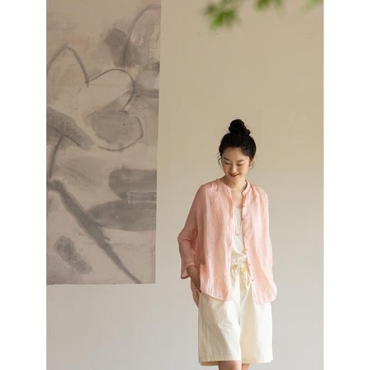 牧衣游原创 净色苎麻炒色衬衫轻薄透气简约文艺圆领防晒衫 吟野间 商品图3