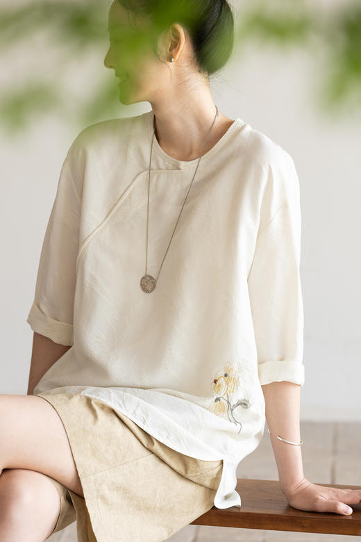 牧衣游原创 提花真丝混纺套头衫清凉透气禅意复古轻薄小衫 见友人 商品图5