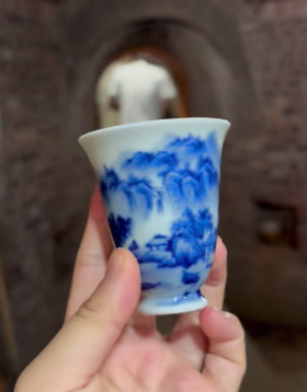 柴窑青花山水闻香杯