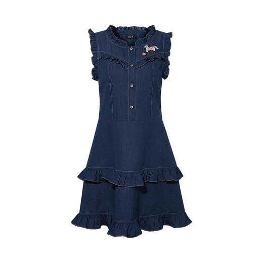 两三事动力马车2025夏新款小木马刺绣荷叶边裙摆短款背心裙连衣裙 商品图4