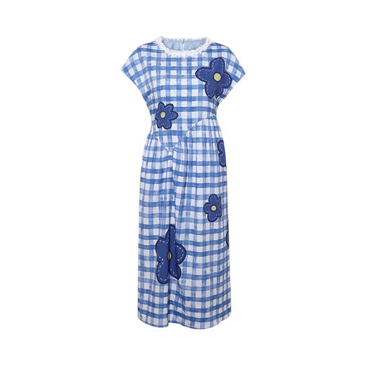 两三事 花月筑海 2025夏季新款花朵贴布绣蕾丝拼接格子连袖连衣裙 商品图4