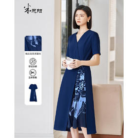 【现货】米思阳2025夏季新款时尚优雅印花拼接连衣裙V领收腰显瘦裙子3114