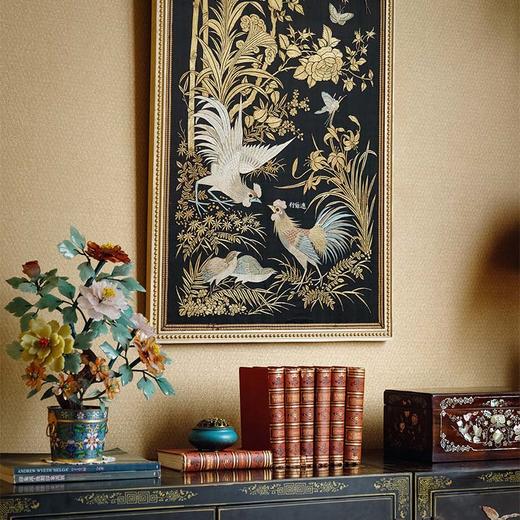 【已售】独角鹿西洋古董 19世纪中国清代出品「官上加官」传统东方花鸟主题黑缎粤绣挂屏 商品图2