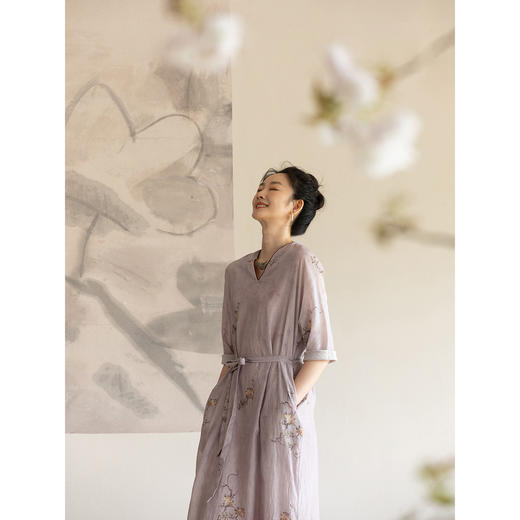 牧衣游原创 松骨牡丹印丝绵连衣裙夏轻薄宽松随性复古长裙 怀夕 商品图3