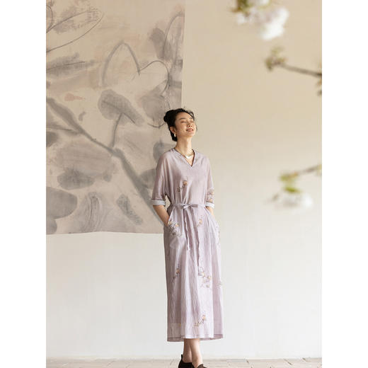 牧衣游原创 松骨牡丹印丝绵连衣裙夏轻薄宽松随性复古长裙 怀夕 商品图2