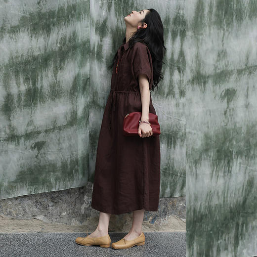 绽放女装327朵/【甜茶系列】砂洗亚麻翻领腰部系绳显瘦大摆连衣裙 商品图1