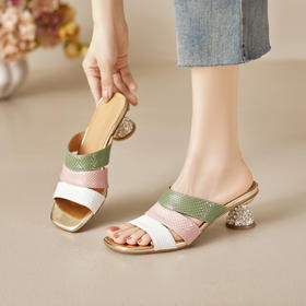 【预售5天】夏新款真皮一字拖女外穿露趾凉拖鞋拼色百搭时尚粗跟高跟凉鞋MBJR&6921