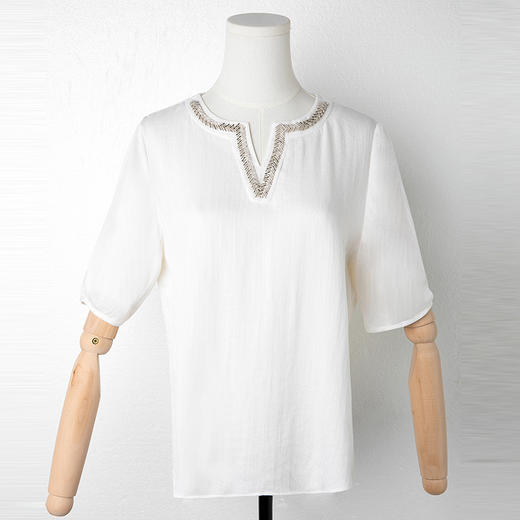 全新升级【铂金会员146/天猫199/差价53】(43046)洛诗琳重工钉珠蓝色衬衫女短袖夏季新款设计感小众时尚别致气质上衣薄 商品图5