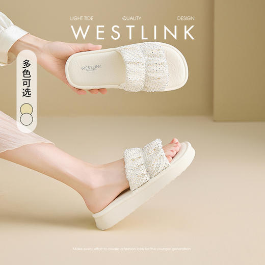 西遇外穿凉拖鞋女新款夏季时尚法式水钻配裙子平底凉鞋一字拖V1256833 商品图0