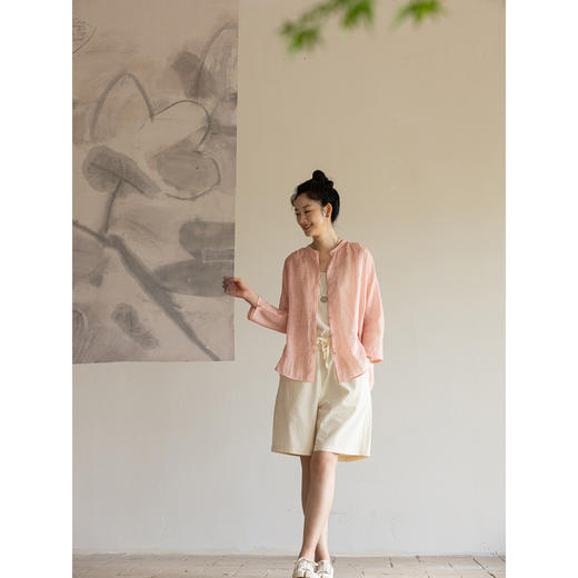 牧衣游原创 净色苎麻炒色衬衫轻薄透气简约文艺圆领防晒衫 吟野间 商品图2