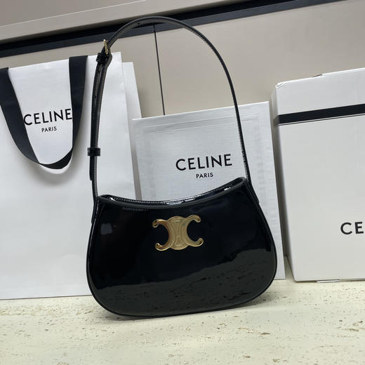 CELINE赛琳 TILLY 品牌徽标Logo拉链开合 漆面牛皮革 手提单肩包 女款 黑色（HH） 商品图0