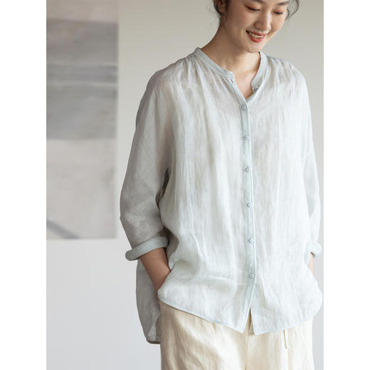 牧衣游原创 净色苎麻炒色衬衫轻薄透气简约文艺圆领防晒衫 吟野间 商品图1