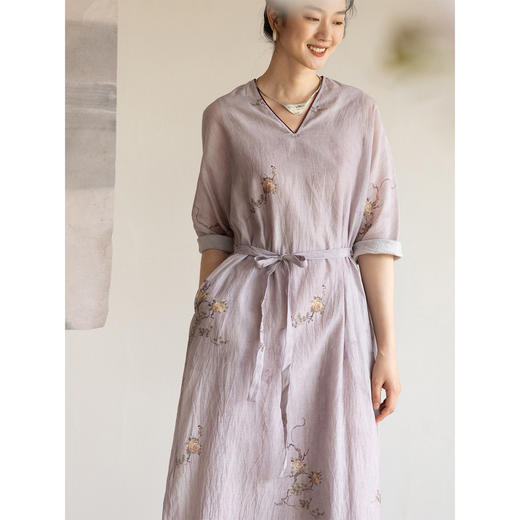 牧衣游原创 松骨牡丹印丝绵连衣裙夏轻薄宽松随性复古长裙 怀夕 商品图1