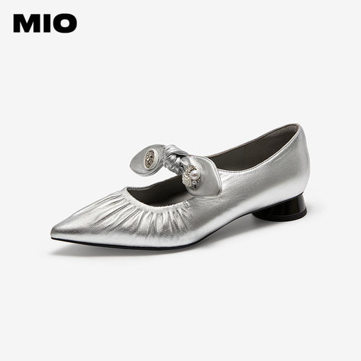 MIO米奥蝴蝶结玛丽珍鞋浅色尖头粗跟捏褶浅口单鞋女M254440435 商品图1