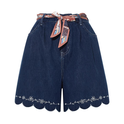 两三事 萤火岛屿 2025夏季新款休闲绣花波浪边裤脚绑带牛仔裤女 商品图4
