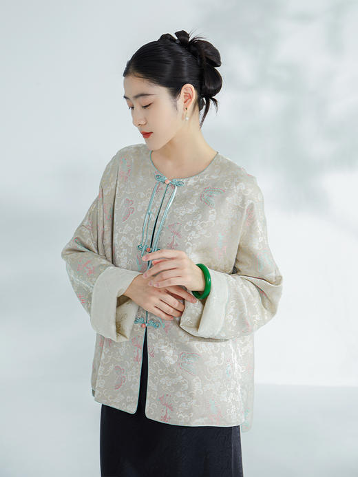荷言GL 蝶谷池塘 仿罗人丝织金提花初秋对襟可两穿外套新中式 商品图3