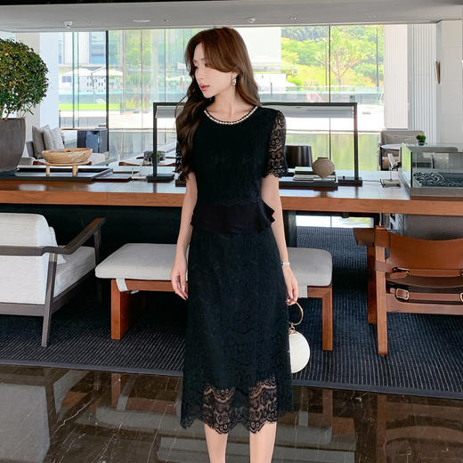 奢姿大码女装2026新款夏季胖妹妹法式拼接短袖蕾丝轻奢感连衣裙9952853289 商品图1